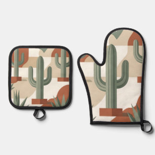 Modern Sage Green Cactus Terracotta Desert Oven Mitt & Pot Holder Set