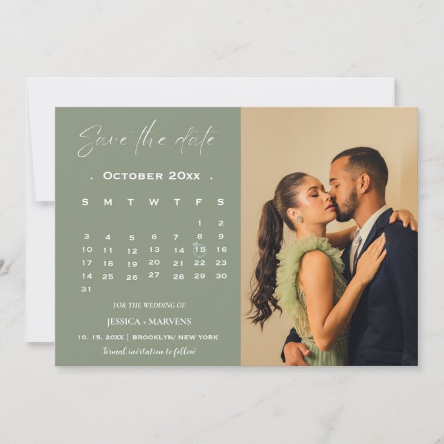 Modern sage green calendar photo save the date invitation (Front)