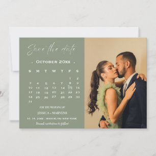 Modern sage green calendar photo save the date invitation