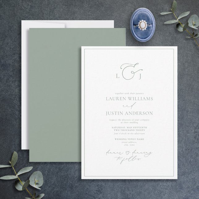 Modern Sage Green Calligraphy Monogram Wedding Invitation (Creator Uploaded)