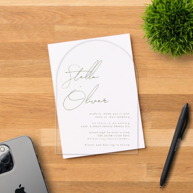 Modern Sage Green Calligraphy Names Wedding Acrylic Invitations (Insitu (Invitation Card))