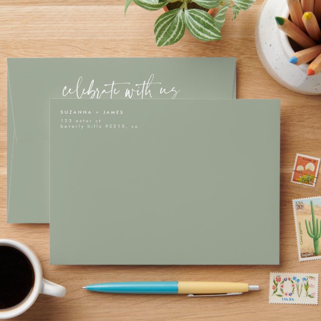 Modern Sage Green Celebrate with us Script Wedding Envelope (Desk)