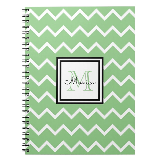Modern Sage Green Chevron With Name Monogram  Notebook (Front)