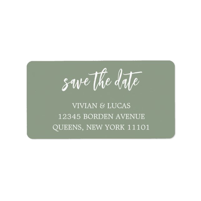 Modern Sage Green Chic Script Save The Date Label (Front)