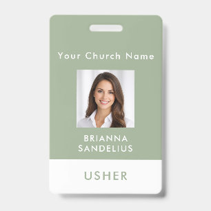 Modern Sage Green Church Usher Photo ID Badge