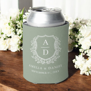 Modern Sage Green Crest Modern Monogram Wedding  Can Cooler