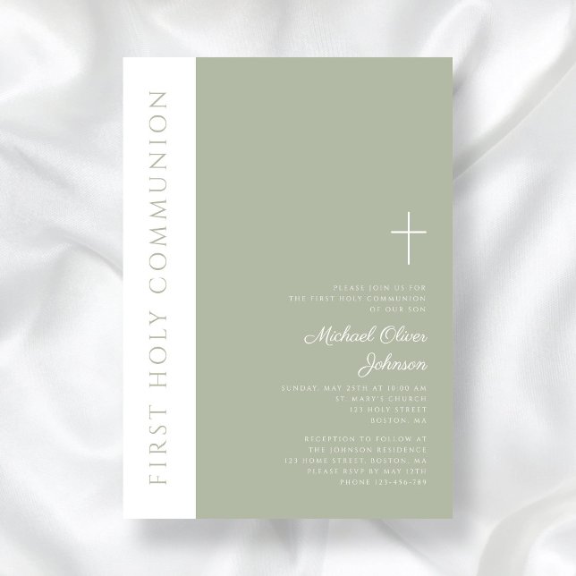 Modern Sage Green Cross First Holy Communion Invitation (Modern Sage Green Cross First Holy Communion Invitation)