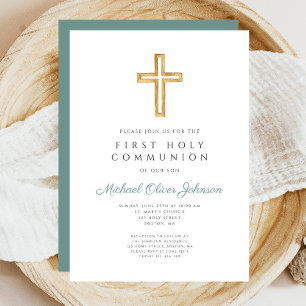 Modern Sage Green Cross Religious First Communion Invitation