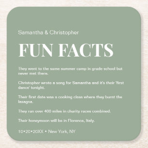 Modern Sage Green Custom fun fact list Wedding   Square Paper Coaster