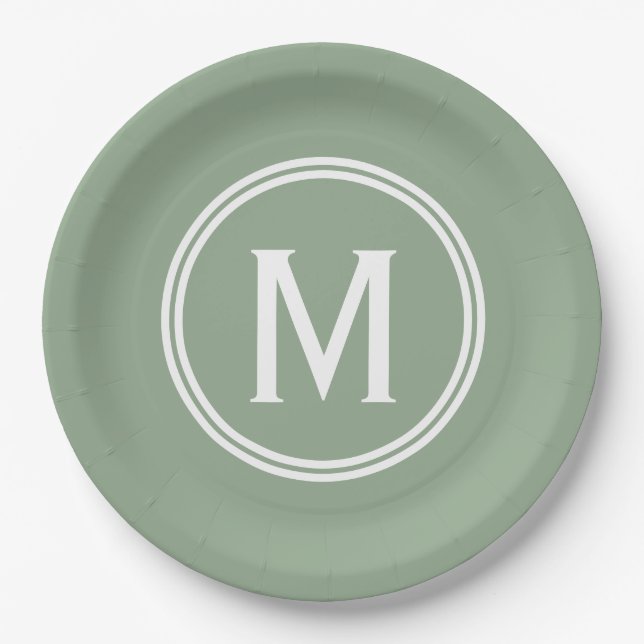 Modern Sage Green Custom Round Framed Monogram Paper Plate (Front)