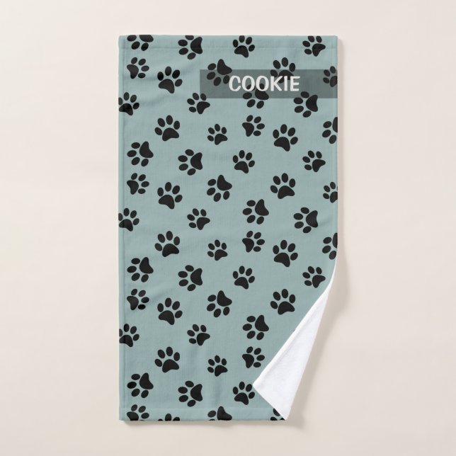 Modern Sage Green Cute Paw Print Pattern Dog Towel (Hand Towel)