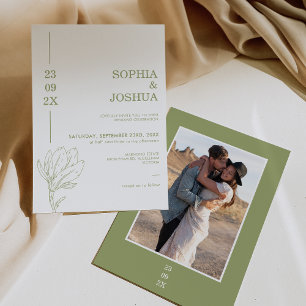 Modern Sage Green Date Line Photo Floral Wedding  Invitation