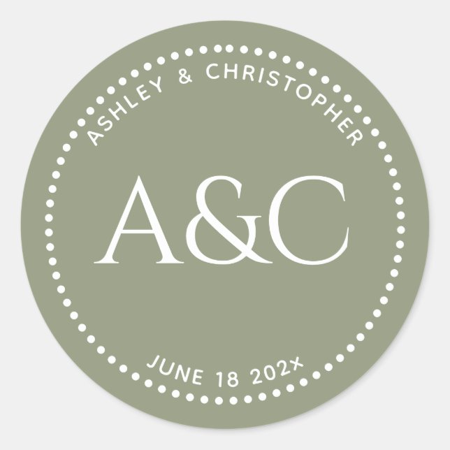 Modern Sage Green Dot Ring Monogram Classic Round Sticker (Front)