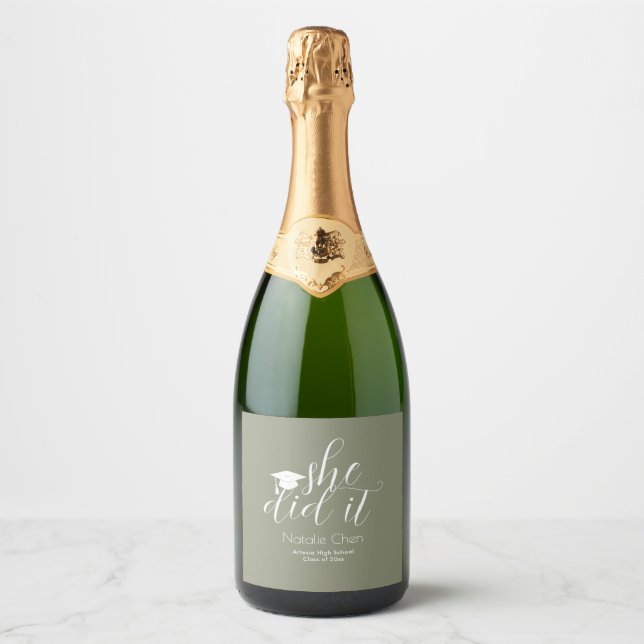 Modern Sage Green Elegant Fonts Grad Party Sparkling Wine Label (Front)