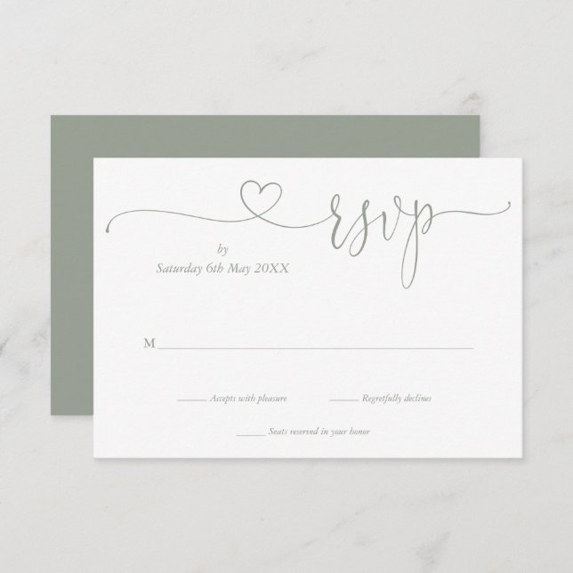 Modern Sage Green Elegant Script Heart RSVP Card (Front/Back)