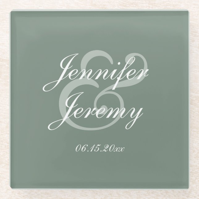 Modern Sage Green Elegant White Script Wedding Glass Coaster (Front)