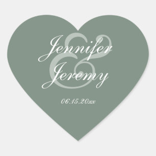 Modern Sage Green Elegant White Script Wedding Heart Sticker