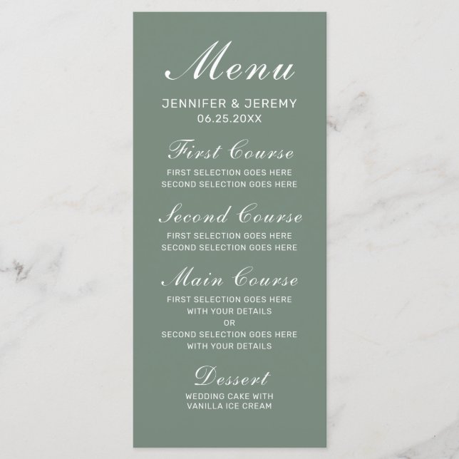 Modern Sage Green Elegant White Script Wedding Menu (Front)