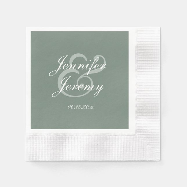 Modern Sage Green Elegant White Script Wedding  Napkin (Front)