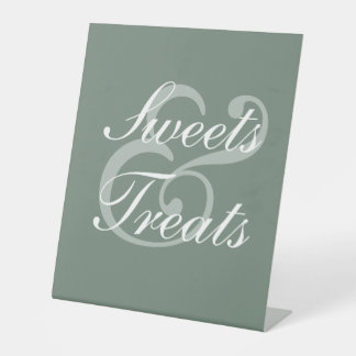 Modern Sage Green Elegant White Script Wedding Pedestal Sign