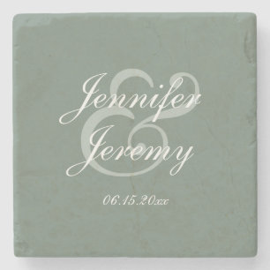 Modern Sage Green Elegant White Script Wedding Stone Coaster