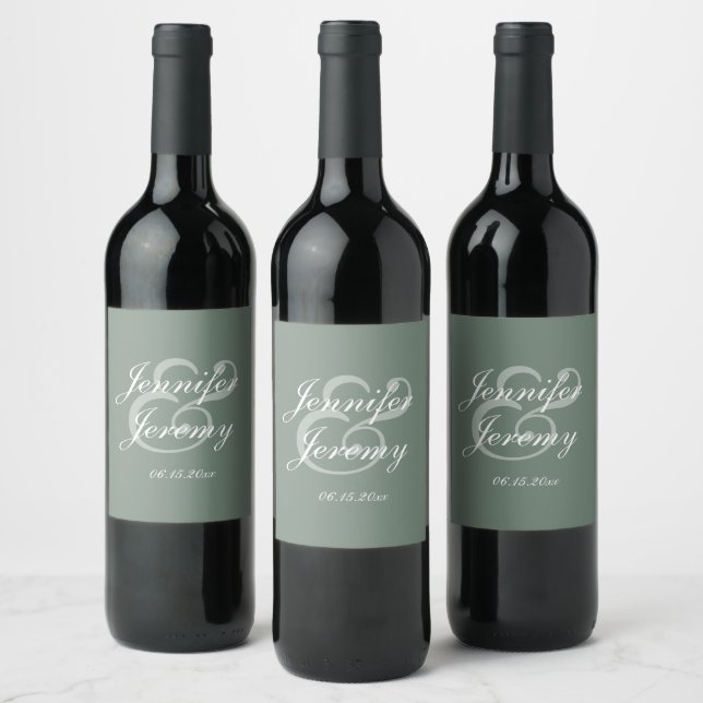 Modern Sage Green Elegant White Script Wedding  Wine Label (Bottles)