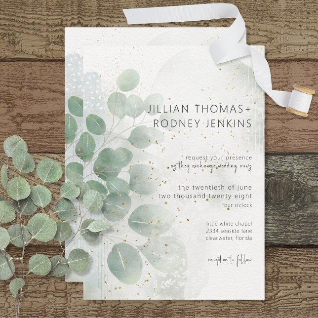Modern Sage Green Eucalyptus & Gold Wedding Invitation (Creator Uploaded)
