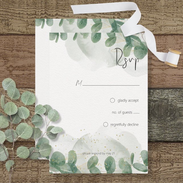 Modern Sage Green Eucalyptus & Gold Wedding RSVP Card (Creator Uploaded)