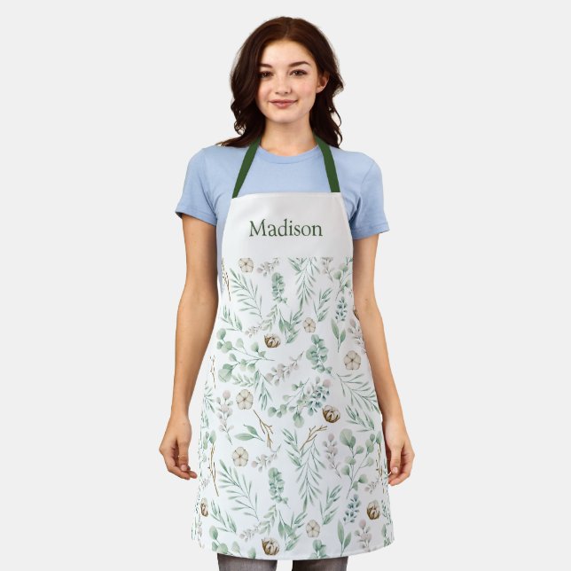 Modern Sage Green Eucalyptus Personalised Apron (Worn)