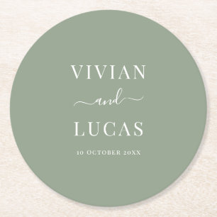 Modern Sage Green Formal Minimal Wedding Round Paper Coaster