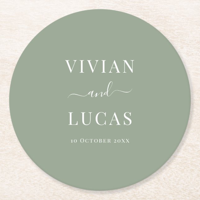 Modern Sage Green Formal Minimal Wedding Round Paper Coaster (Front)