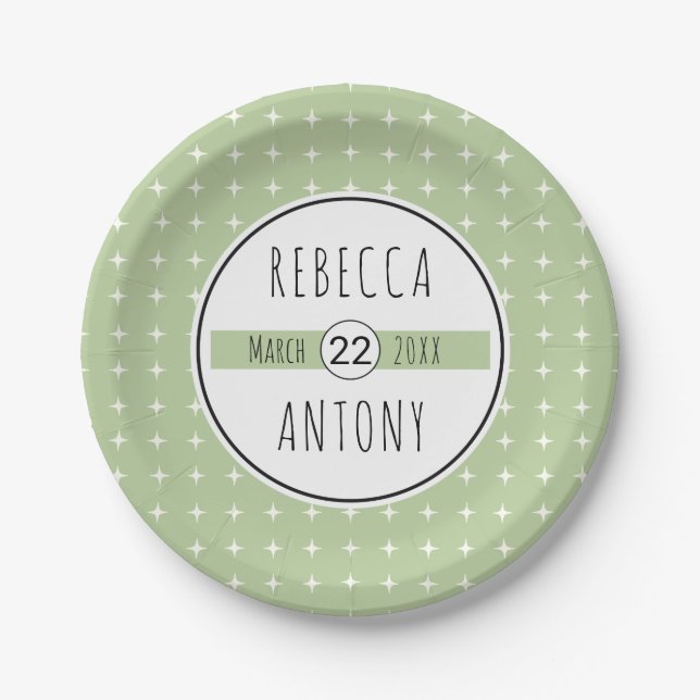 Modern sage green geometric typography wedding paper plate (Front)