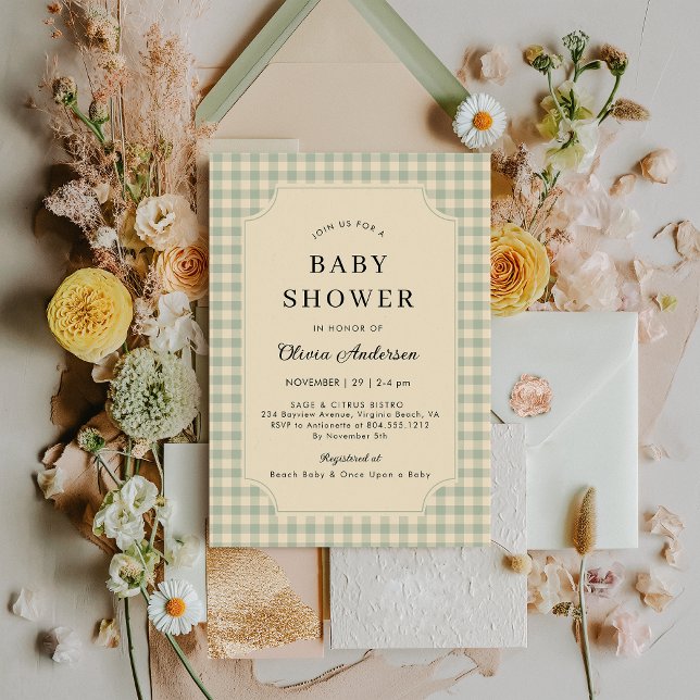 Modern Sage Green Gingham Baby Shower Invitation  (Modern Sage Green Baby Shower Invitation )