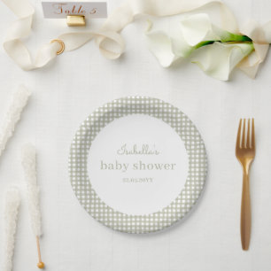 Modern Sage Green Gingham Baby Shower Paper Plate