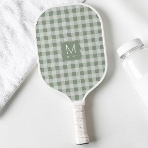 Modern Sage Green Gingham Monogram Established Est Pickleball Paddle