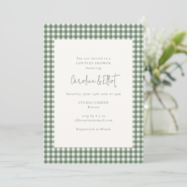 Modern Sage Green Gingham Plaid Couples Shower Invitation (Standing Front)