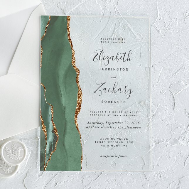 Modern Sage Green Gold Agate Wedding Acrylic Invitations (Creator Uploaded)