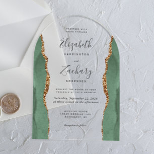 Modern Sage Green Gold Agate Wedding Arch Acrylic Invitations