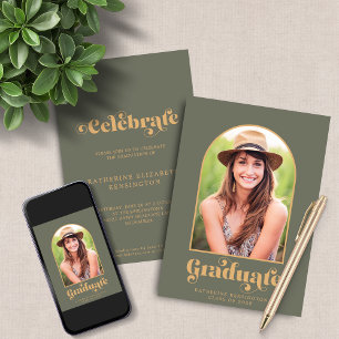 Modern Sage Green Gold Arch Photo Graduation Party Invitation