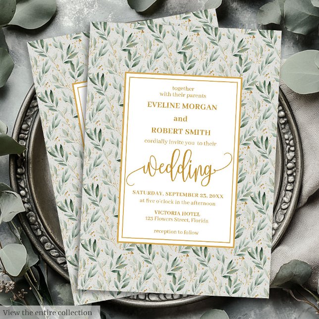 Modern Sage Green Gold Foliage Wedding Invitation (Modern Sage Green Gold Foliage Wedding Invitation)