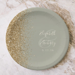 Modern Sage Green Gold Glitter Edge Wedding Paper Plate
