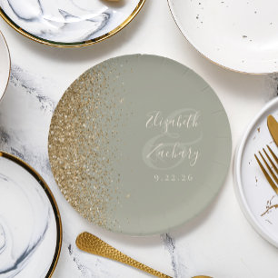 Modern Sage Green Gold Glitter Edge Wedding Paper Plate