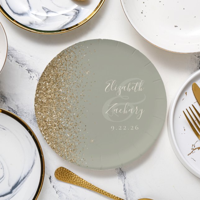 Modern Sage Green Gold Glitter Edge Wedding Paper Plate (Creator Uploaded)