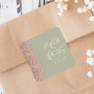 Modern Sage Green Gold Glitter Edge Wedding Square Sticker