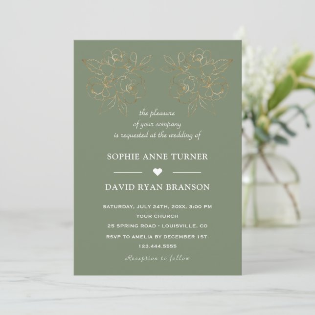 Modern Sage Green Gold Line Art Flowers Wedding Invitation (Standing Front)