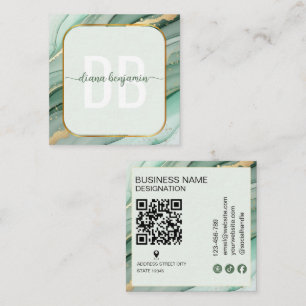 Modern Sage Green Gold monogram Qr Code Square Business Card