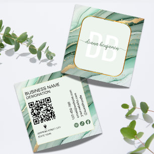 Modern Sage Green Gold monogram Qr Code Square Business Card