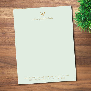 Modern Sage Green Gold Script Monogram Custom Letterhead