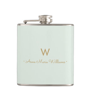 Modern Sage Green Gold Script Monogram Hip Flask