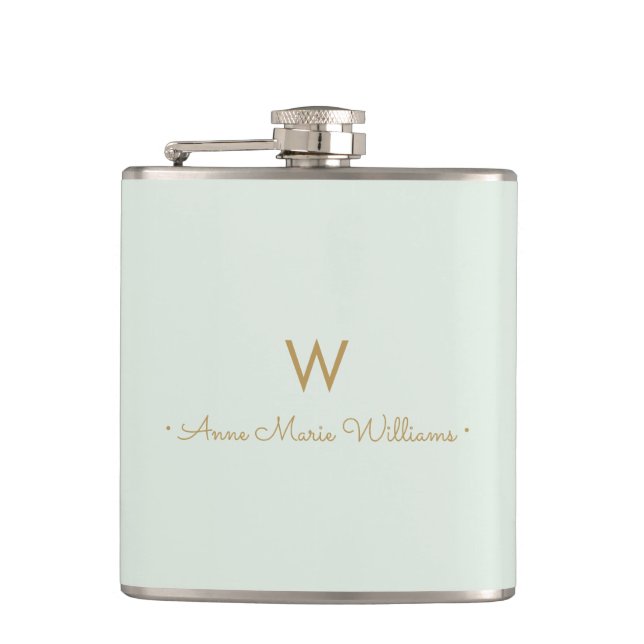 Modern Sage Green Gold Script Monogram Hip Flask (Front)